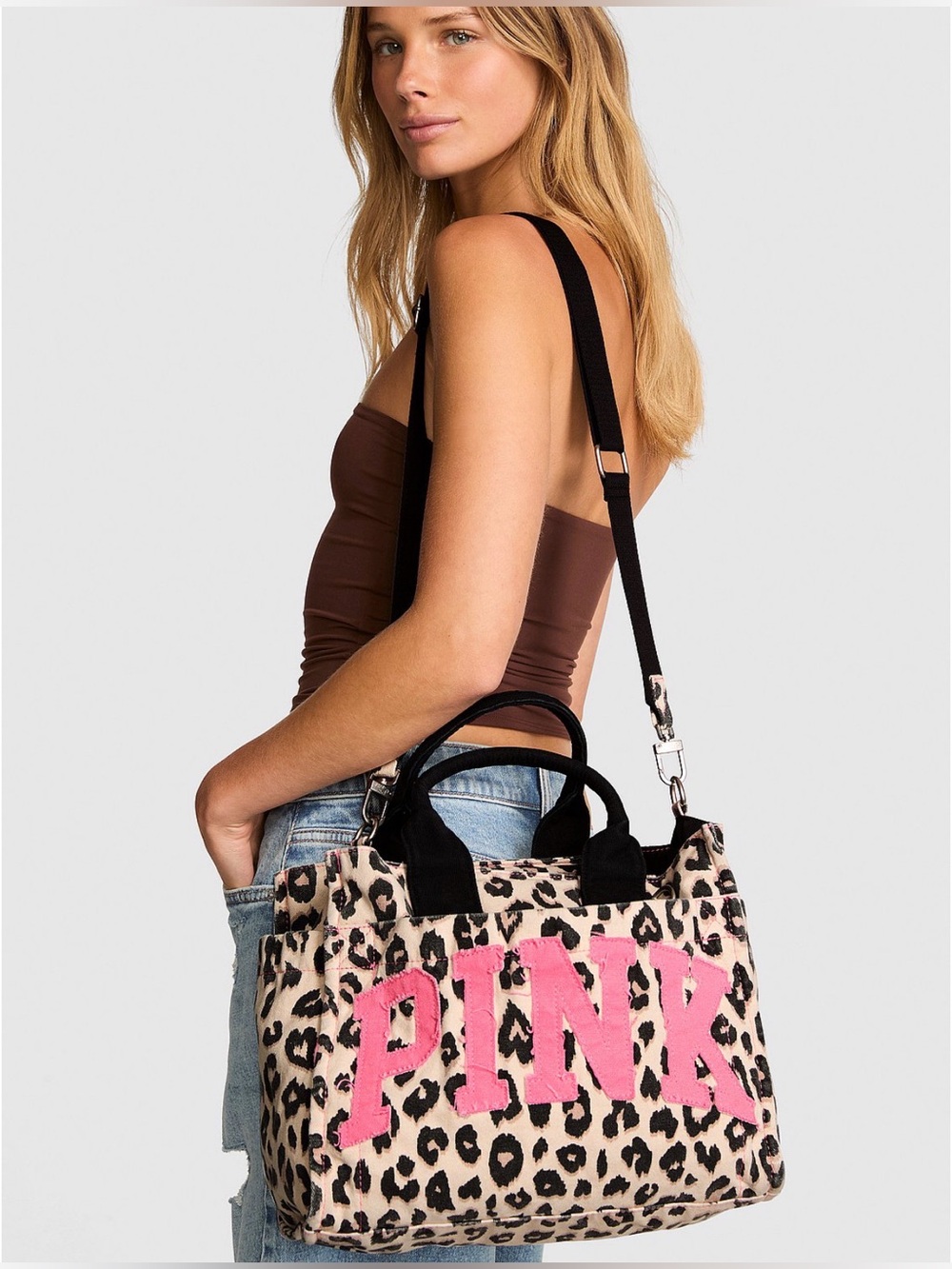 NWT PINK Leopard Canvas Tote Crossbody Bag Viral Pink Logo Victoria’s Secret